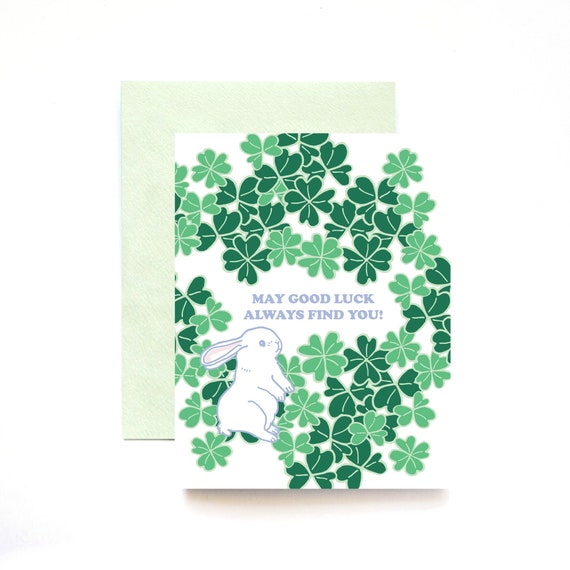 Good Luck Bunny in Clovers Greeting Card