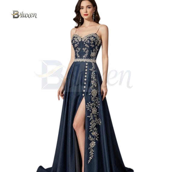navy and silver formal dresses Navy Jeweled Top Maxi Dress with Side Slit