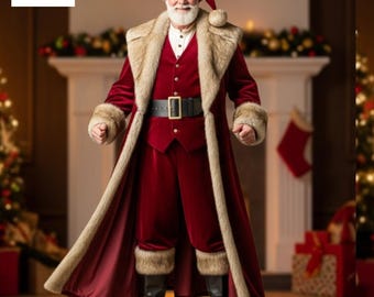 May include: A Santa Claus costume. The outfit includes a long, burgundy velvet coat with faux fur trim, matching trousers, and a waistcoat. The costume features a black belt with a gold buckle, a fur-trimmed hat, and black boots. Ideal for Christmas festivities.
