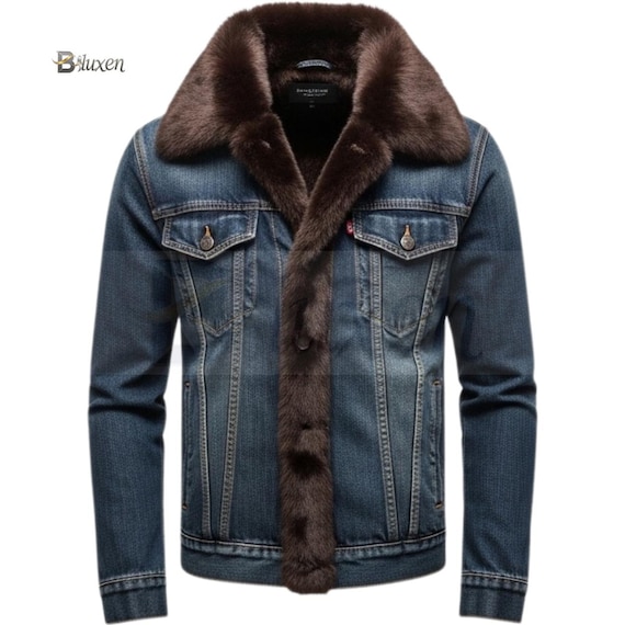 Bluxen Echtpelz Jeansjacke Echtpelz Roh-Denim-Mantel Schwere
