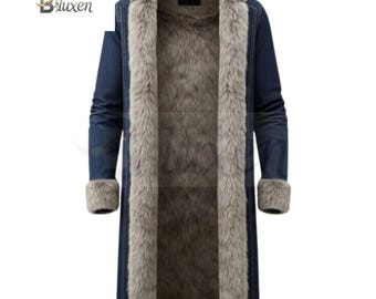 May include: A long, blue denim coat with a faux fur lining and trim. The coat features a light gray faux fur collar, cuffs, and interior lining. The coat has a classic, open-front design.