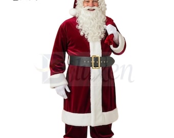 Puede incluir: Un disfraz de Papá Noel de terciopelo burdeos, con ribetes de piel sintética blanca en la chaqueta y el pantalón. Incluye un cinturón negro con hebilla dorada, un gorro a juego, guantes blancos y botas negras. Perfecto para celebraciones navideñas.