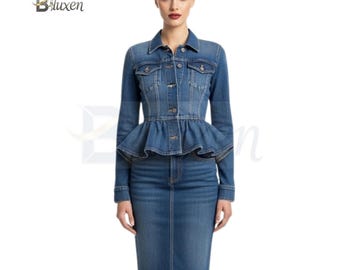 May include: A denim jacket and pencil skirt set in a medium wash blue. The jacket features a peplum waist and button-up front. The skirt is knee-length. The outfit is a classic, stylish ensemble.