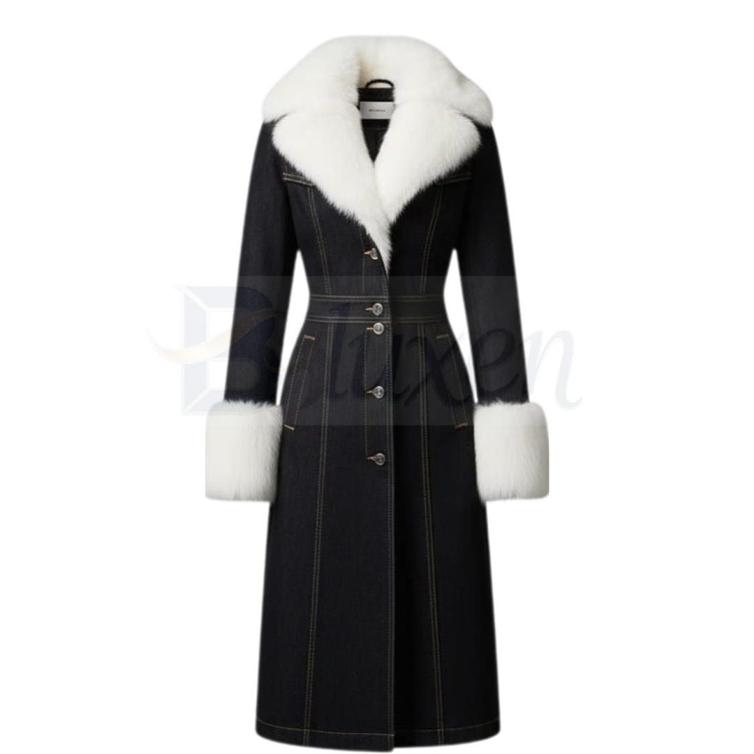 Structured Winter Jacket Black Denim Fur Coat – White Collar Trim With Elegant Flare and ...