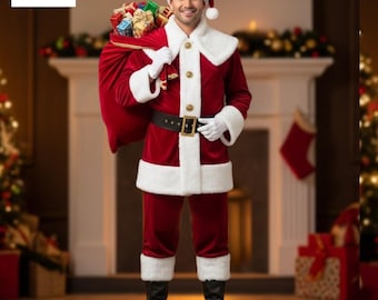 May include: A Santa Claus costume featuring a red velvet jacket, pants, and hat with white faux fur trim. The jacket has gold buttons and a black belt. The costume includes a red sack filled with wrapped gifts and black boots.