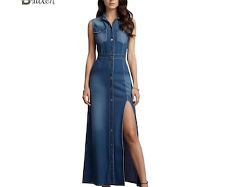 Sleeveless Denim Maxi Dress with Slit – Vintage Wash & Button Front