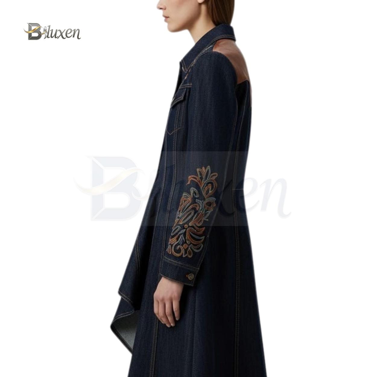 花柄刺繍　デニムロングコート　ブラック ホワイトステッチデニムロングコート – LILA & CITTA ONLINE SHOP