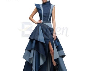 Layered Ruffle Denim Gown | High-Fashion Blue Denim Evening Dress