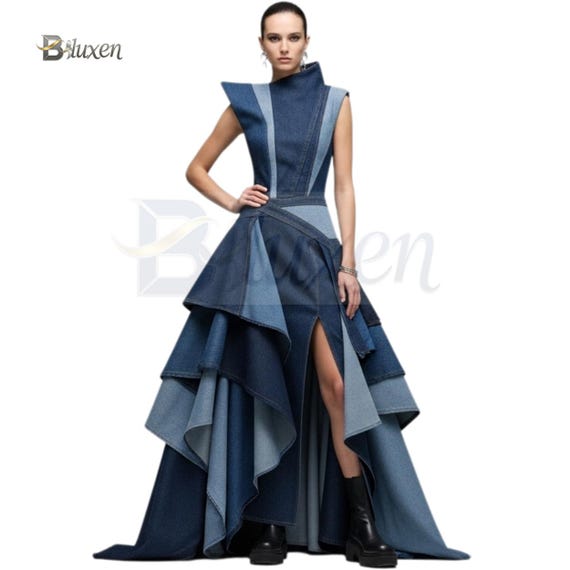 Layered Ruffle Denim Gown | High-fashion Blue Denim Evening Dress - Etsy Israel Layered Ruffle Denim Gown | High-fashion Blue Denim Evening Dress - Etsy Israel