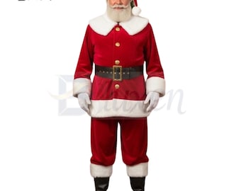 May include: A Santa Claus costume featuring a red velvet jacket and pants with white faux fur trim. The jacket has gold buttons and a black belt. A matching hat and black boots complete the festive outfit.