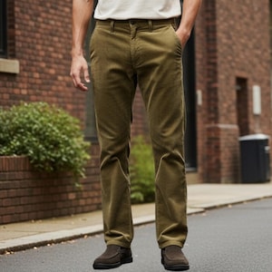May include: Olive green corduroy pants with a classic fit. The pants have a button and zipper closure, front pockets, and a straight leg. The model is wearing brown suede shoes. The background shows a brick building and a street.
