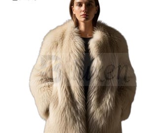 May include: A beige faux fur coat with a wide collar. The coat has long sleeves and a loose fit. The fur appears soft and fluffy, creating a luxurious look. The coat is open in the front, revealing a dark top underneath.