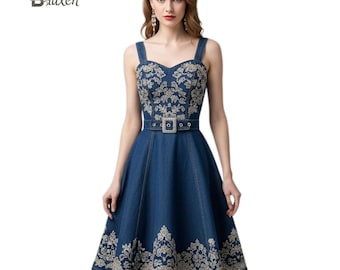 Vestido vaquero azul bordado para mujer: vestido floral beige sin mangas con cinturón, corte A, hecho a mano