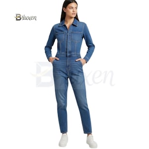 Klassischer Reißverschluss-Denim Jumpsuit - Street Style Jeans Romper - Blauer Blaumann Outfit - Retro ausgestatteter Denim Jumpsuit - Lässiger Jean Onepiece Look