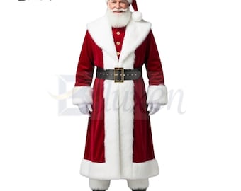 May include: A Santa Claus costume featuring a red velvet coat with white faux fur trim, a matching hat, and a black belt with a gold buckle. The costume includes white gloves and black boots, perfect for holiday events.