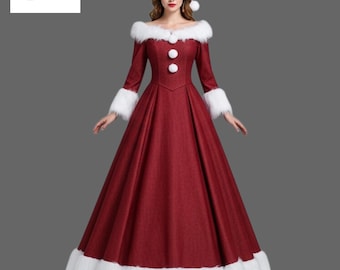 Könnte beinhalten: Ein bordeauxfarbenes schulterfreies Kleid mit weißem Kunstfellbesatz am Ausschnitt, an den Manschetten und am Saum. Das Kleid hat lange Ärmel, weiße Bommelknöpfe und einen passenden Weihnachtsmannhut. Das Kleid ist ein festliches Kostüm.