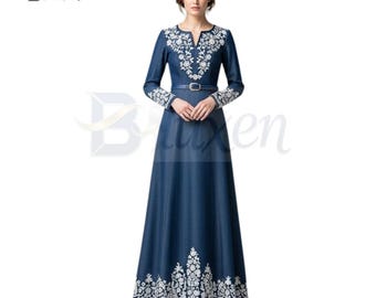 Título: Elegante vestido largo bordado – Azul oscuro