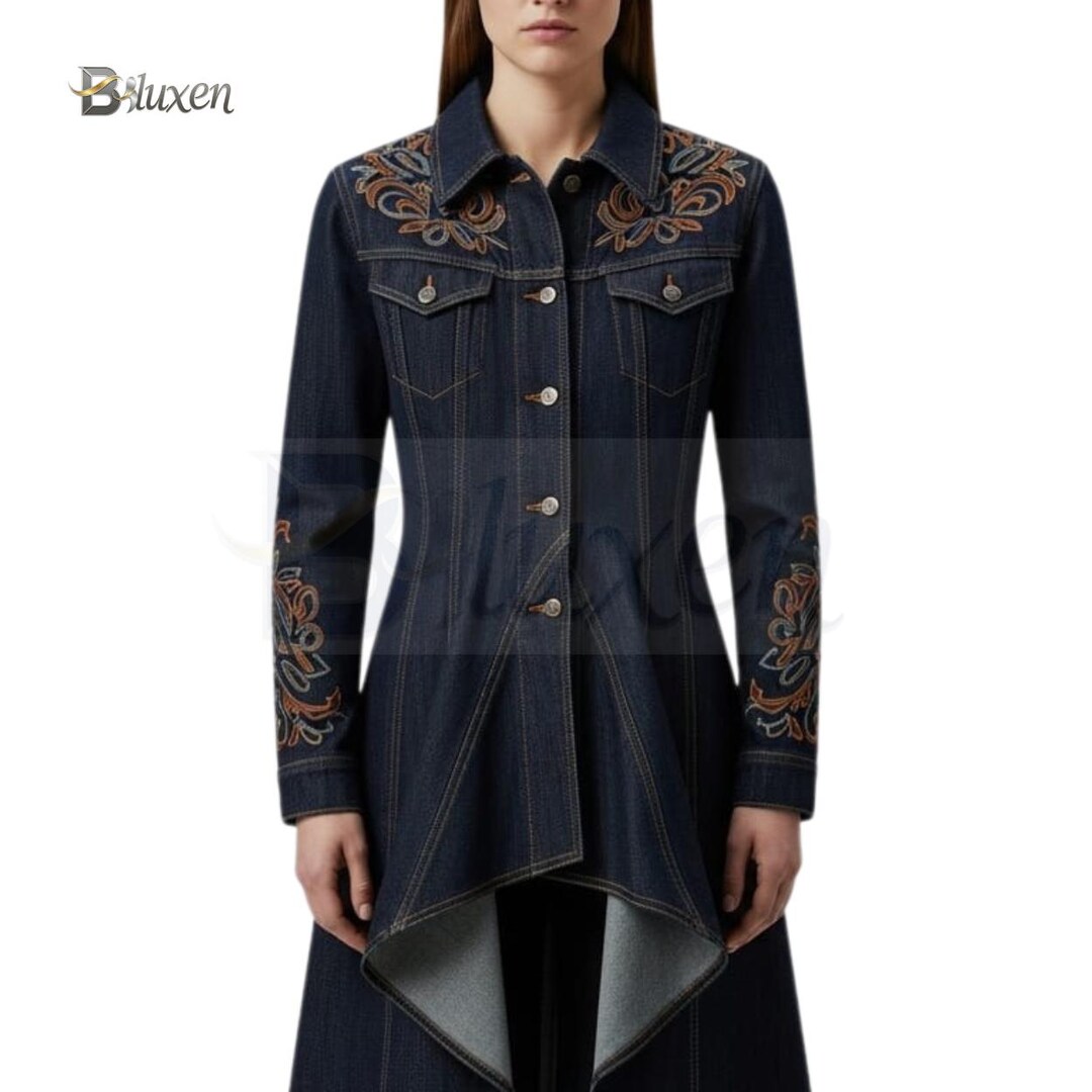 ロングデニムコート：花柄刺繍＆ブラウンレザーヨーク - Etsy 日本