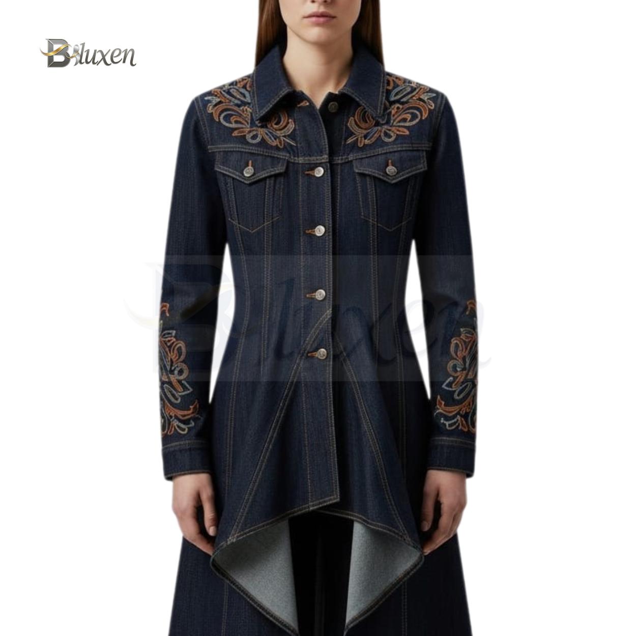 ロングデニムコート：花柄刺繍＆ブラウンレザーヨーク - Etsy 日本