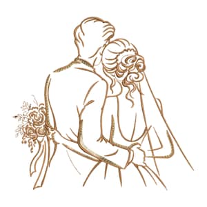 Può includere: Un disegno a tratto di una coppia che si abbraccia, vista da dietro. Lo sposo indossa un abito e la sposa ha un velo e tiene un bouquet. L'illustrazione, nei toni del marrone su sfondo bianco, evoca il tema del matrimonio.