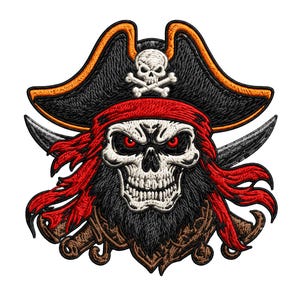 May include: An embroidered patch featuring a skull wearing a black pirate hat with an orange trim and a white skull and crossbones emblem. The skull has red eyes, a black beard, and a red bandana, with two crossed swords positioned behind it.