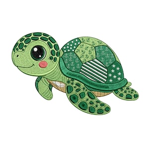 May include: An embroidered patch of a green sea turtle with large black eyes and a pink cheek. The shell features a patchwork design with anchors, white stripes, and stars on a light green background, outlined in dark green stitching.