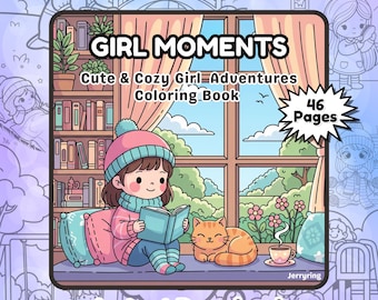 May include: A digital coloring book cover titled "GIRL MOMENTS" with the text "Cute & Cozy Girl Adventures Coloring Book" and "46 Pages." The illustration shows a girl reading by a window with a cat, a cup of tea, and a bookshelf.