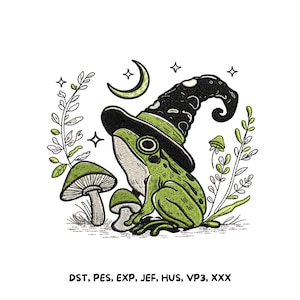 Pode incluir: Um design de bordado apresentando um sapo verde usando um chapéu pontudo preto com fases da lua brancas. O sapo está rodeado por dois cogumelos, ramos com folhas e pequenas estrelas. O texto abaixo diz: DST, PES, EXP, JEF, HUS, VP3, XXX.