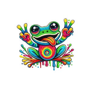 Pode incluir: Ilustração de um sapo colorido com uma barriga em espiral arco-íris e sinais de paz. O sapo é verde, azul e vermelho com uma língua comprida. A imagem tem um fundo branco e gotas de tinta coloridas.