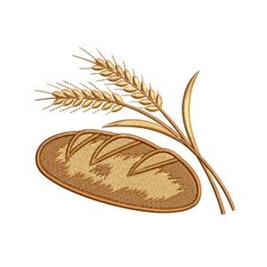 May include: An embroidered design featuring a loaf of bread and wheat stalks in shades of brown and gold. The bread has three diagonal cuts across the top. The wheat stalks are positioned behind the bread.
