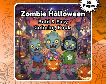Zombie Halloween Coloring Book: 55 Spooky Pages for Kids & Adults, PDF Printable 8.5x8.5 in