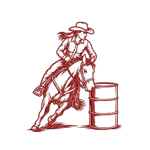 Pode incluir: Um design bordado em vermelho apresentando uma pessoa com chapéu de cowboy em um cavalo a galope, contornando um barril de metal. A ilustração utiliza linhas detalhadas para representar o movimento do cavalo e do cavaleiro no rodeio.