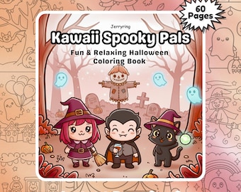 May include: A Halloween-themed colouring book titled "Kawaii Spooky Pals" with a cartoon illustration of a witch, vampire, and black cat. The cover features a scarecrow, ghosts, and the text "Instant Download". The book has 60 pages.