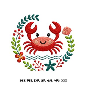 May include: An embroidery design featuring a central red crab with a smiling face, surrounded by a circular wreath of green leaves, red berries, and colorful flowers. Below the crab are wavy teal lines and the text DST, PES, EXP, JEF, HUS, VP3, XXX.
