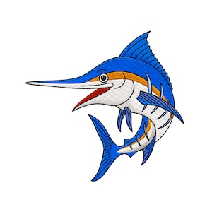May include: An embroidered patch featuring a stylized blue marlin fish. The design showcases a vibrant blue body with white underbelly, a long pointed bill, a prominent dorsal fin, and an open mouth revealing a red interior, all outlined in black.