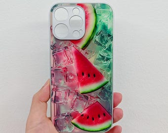 Custodia per telefono con motivo ghiaccio e anguria per iPhone 16, 15, 14, 13, 12 Pro Max X