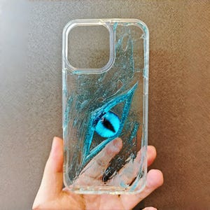 Handcrafted Ice Blue Demon Eye iPhone Case Gothic Transparent Resin Cover for iPhone X to 15/16 (Pro, Pro Max, Plus)