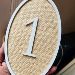 May include: An oval-shaped sign featuring a white border and a central white numeral one. The background within the oval frame consists of a light tan, woven textured material. The sign is held in a vertical orientation, displaying a clean design.