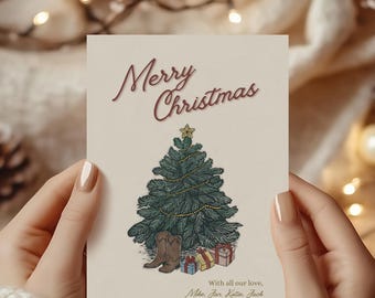 Western Christmas Card Personalized Rustic Holiday Greeting Customizable Cowboy Boots and Tree Printable Christmas Card Digital Download