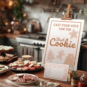 May include: A sign that reads "Cast Your Vote For The Best Cookie" with cookie illustrations. Plates of decorated cookies are on a wooden table. A small voting ballot is also present. The scene is set in a kitchen.