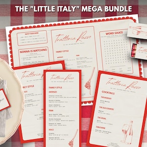 May include: A collection of Italian-themed restaurant items, including menus, placemats, and matchboxes, arranged on a red and white checkered tablecloth. The menus feature the text "Trattoria Passo" and various food and drink options. A place setting with a napkin and name card is also present.
