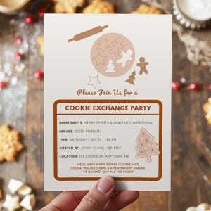 May include: A cream-colored invitation for a cookie exchange party. The design includes brown illustrations of a rolling pin, cookies, and a Christmas tree. The text reads "Please Join Us for a Cookie Exchange Party."