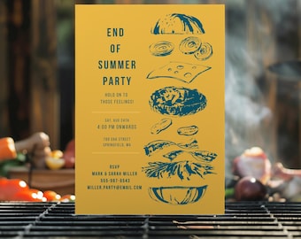 May include: Mustard yellow invitation card with a blue illustration of a burger. Text includes "End of Summer Party", date, time, and RSVP details. The card is set against a blurred background of a grill and vegetables.