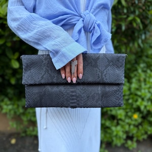Genuine Python Leather Clutch Bag, Handmade Snakeskin Evening Bag, Graphite Clutch Purse, Chain Strap Crossbody, Luxury Gift for Her