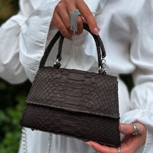 Python Leather Mini Bag, Snakeskin Top Handle Purse with Chain Strap, Luxury Exotic Small Handbag, Brown Evening Bag, Gift for Her