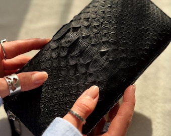 Carteiras de couro exótico Python com zíper para mulheres e homens, bolsa de pulso de luxo, acessório de viagem, porta-dinheiro, porta-passaporte, presente para ele e para ela.