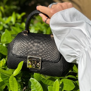 May include: A black handbag with a snakeskin texture. It features a top handle and a gold clasp. The bag is set against a background of green leaves.