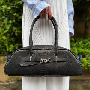 Black Python Leather Shoulder Bag, Snakeskin Top Handle Bag, Baguette Style Purse, Long Minimalist Handbag, Exotic Leather Bag, Gift for Her
