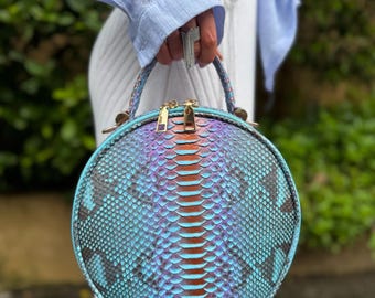 Bolso bandolera redondo de piel de pitón, bolso de mano circular de piel de serpiente, bolso exótico multicolor, bolso único y llamativo, regalo hecho a mano para ella.