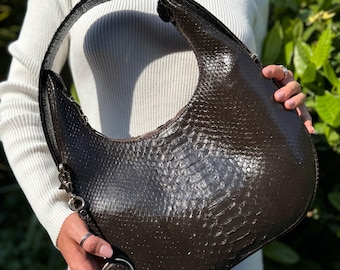 Bolsa Hobo Personalizada em Couro Genuíno, Bolsa Exótica em Pele de Cobra Python, Bolsa para Uso Diário, Bolsa Tote com Efeito Réptil, Bolsa de Ombro, Presente Útil para Ela